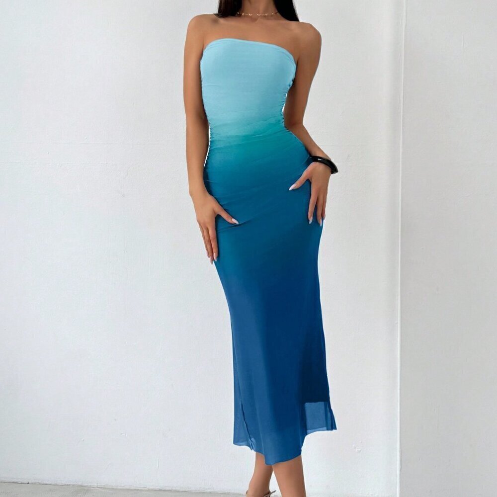 Multicolor Elegant Women's Gradient Mesh Print Bodycon Dress
